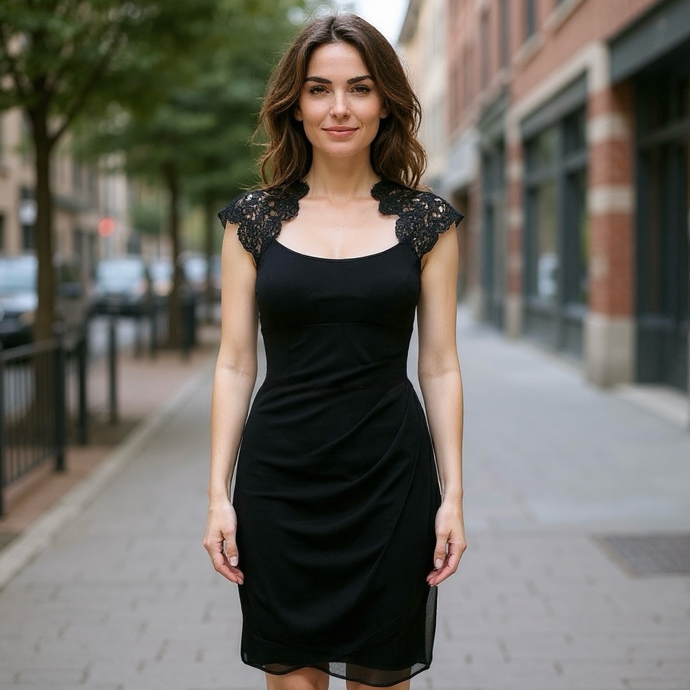 XSCAPE Lace Metallic Cap Sleeve Cocktail Dress
